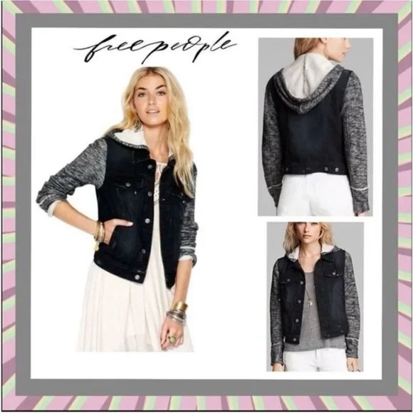 Free People Distressed Black Denim Jacket with Grey Knit Sleeves & Hood in XS - Picture 2 of 12